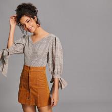 Shein Knotted Cuff Plaid Blouse