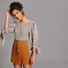 Shein Knotted Cuff Plaid Blouse