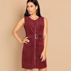 Shein Zip Through Corduroy Dress With Buckle Belt