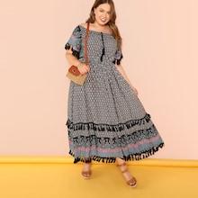 Shein Plus Ornate Print Tassel Trim Bardot Dress