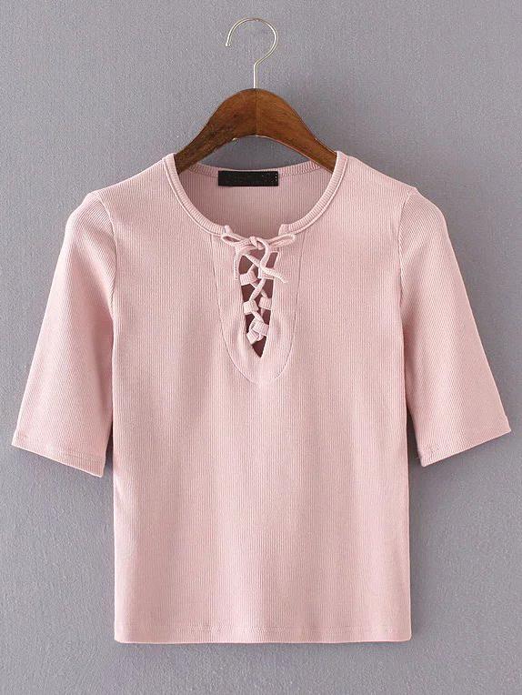 Shein Pink Lace Up Slim T-shirt