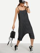 Shein Black Buttoned Drop Crotch Denim Cami Jumpsuit