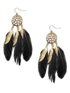 Shein Gold Tone Black Feather Trim Statement Earrings