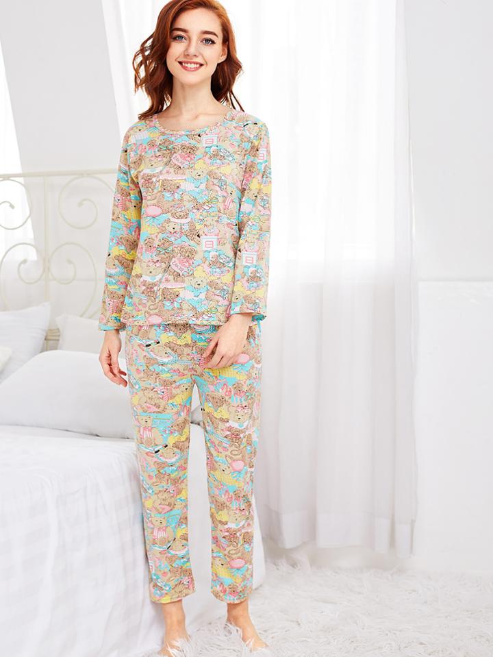 Shein All Over Cartoon Bear Print Tee & Pants Pj Set