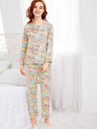 Shein All Over Cartoon Bear Print Tee & Pants Pj Set