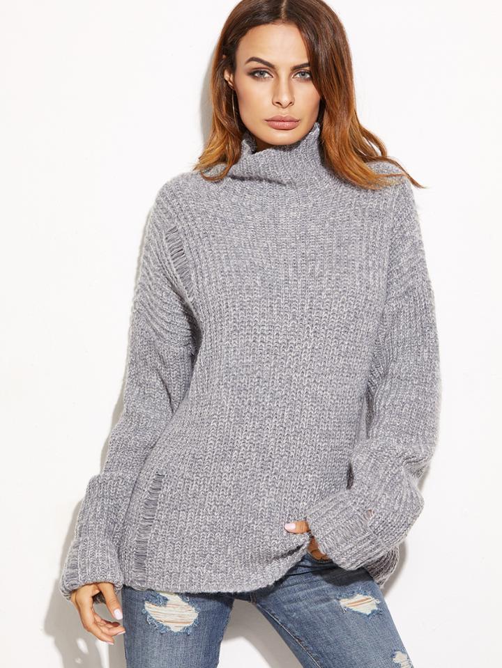 Shein Grey Marled High Neck Ripped Oversized Sweater