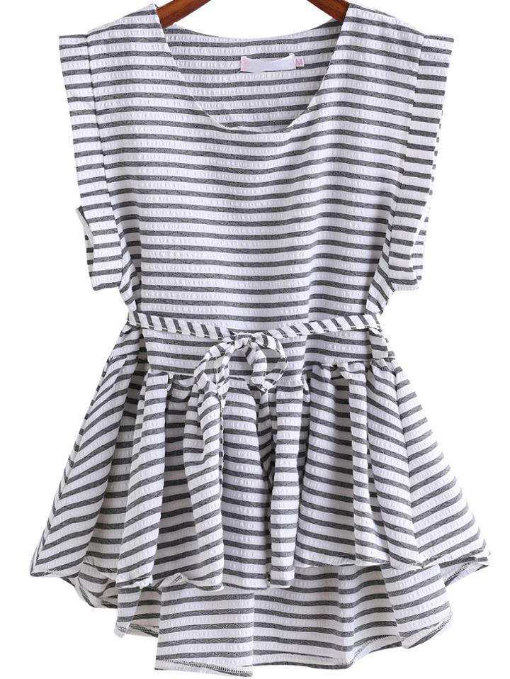 Shein Black White Round Neck Style Striped Dip Hem Top