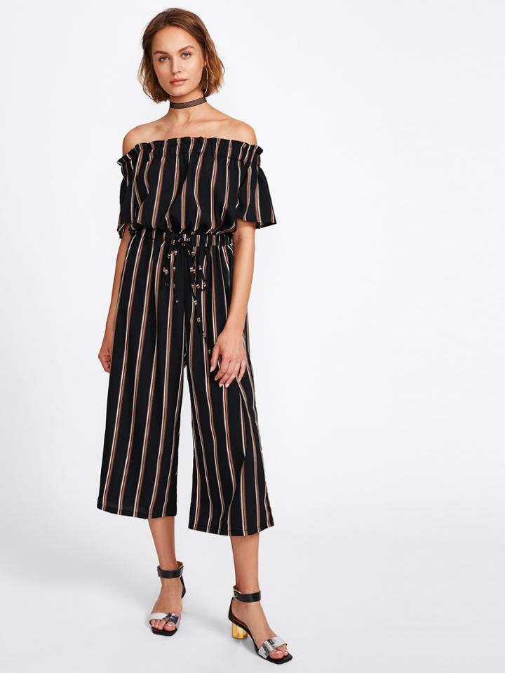 Shein Drawstring Waist Bardot Striped Jumpsuit