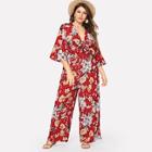 Shein Plus Knot Front Flounce Sleeve Floral Jumpsuit