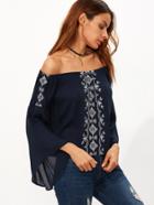 Shein Navy Off The Shoulder Bell Sleeve Embroidered Top