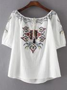 Shein Boat Neckline Aztec Embroidery Blouse With Fringe