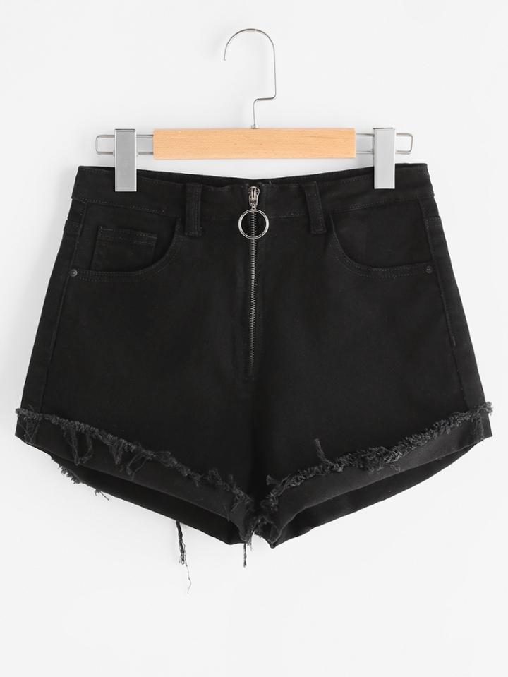 Shein Exposed Zip Fly Frayed Cuffed Denim Shorts