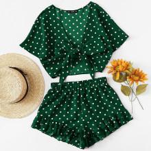 Shein Knot Front Polka Dot Top & Ruffle Hem Shorts Set