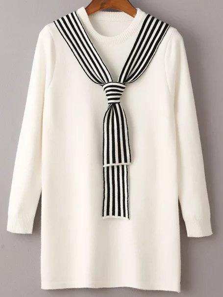 Shein White Round Neck Sweater Dress With Striped Tie