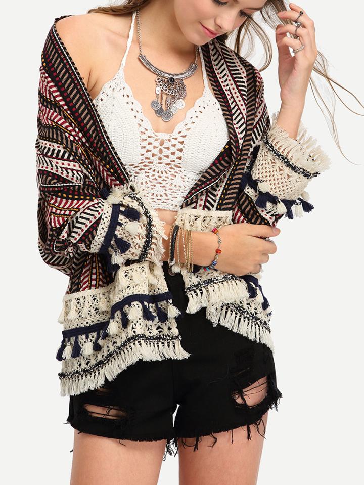 Shein Tassel Trimmed Tribal Print Cardigan - Khaki