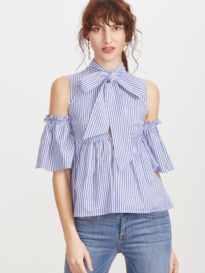 Shein Blue Striped Tie Neck Cold Shoulder Babydoll Blouse
