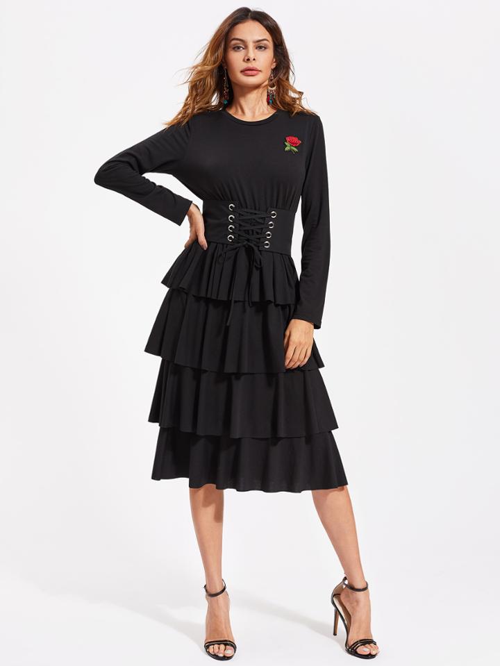 Shein Rose Patch Corset Belt Detail Tiered Dress