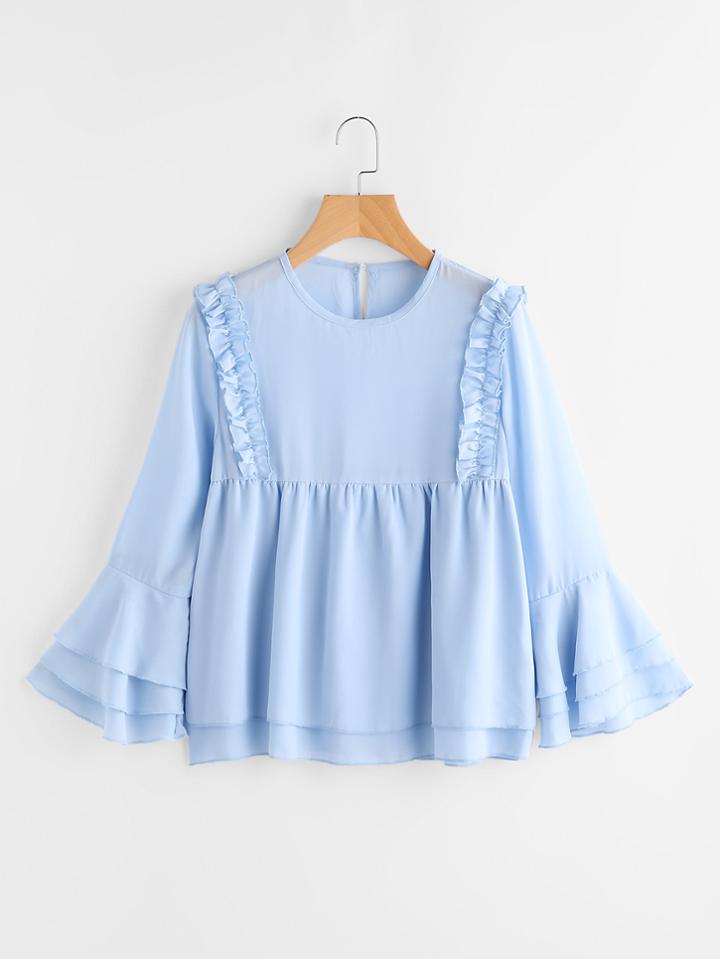 Shein Tiered Trumpet Sleeve Frill Trim Blouse