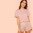 Shein Drawstring Waist Keyhole Back Rib Knit Romper