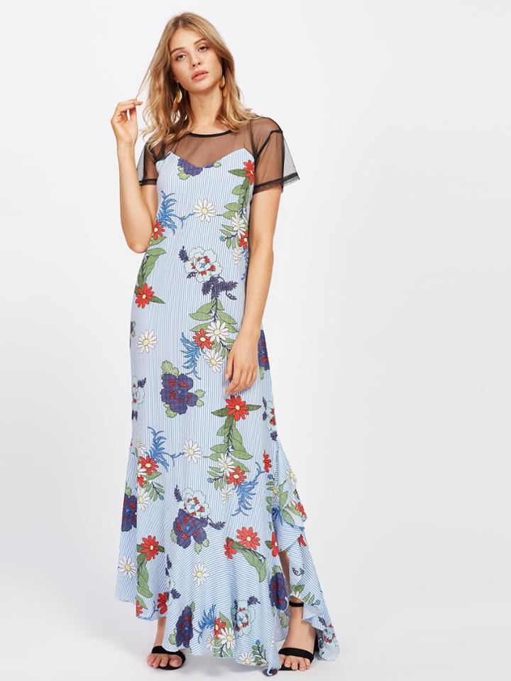 Shein Sheer Mesh Panel Random Florals Frill Hem Striped Dress
