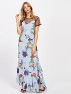 Shein Sheer Mesh Panel Random Florals Frill Hem Striped Dress