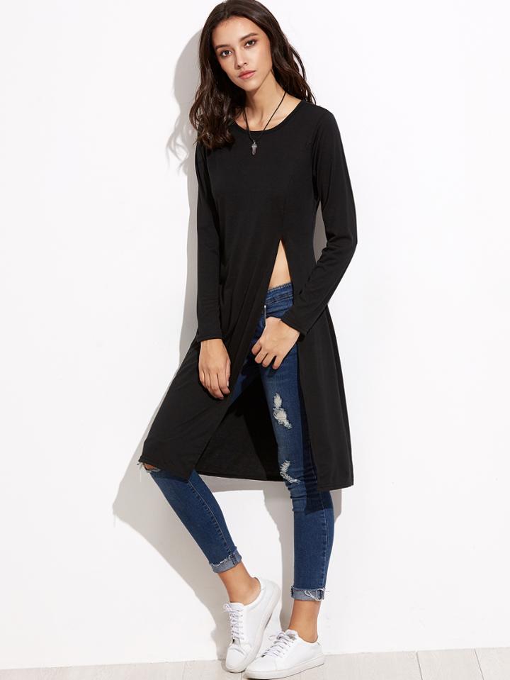 Shein Black High-slit Long T-shirt