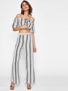 Shein Bardot Lace Up Barcode Stripe Crop Top With Pants