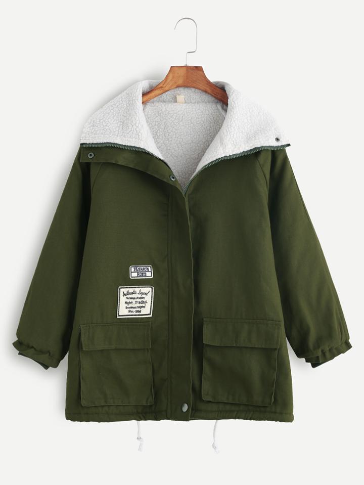Shein Army Green Raglan Sleeve Sherpa Lining Patches Coat
