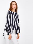 Shein Contrast Striped Slit Back Dip Hem Blouse