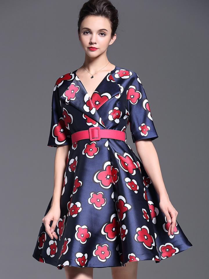Shein Navy V Neck Half Sleeve Print Drawstring Dress