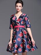 Shein Navy V Neck Half Sleeve Print Drawstring Dress