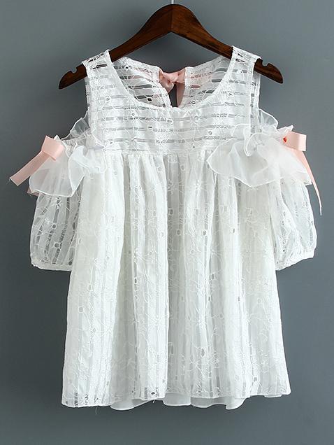 Shein White Cold Shoulder Key-hole Bow Tie Blouse