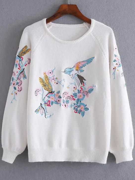 Shein White Bird Embroidery Raglan Sleeve Sweater