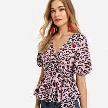 Shein Leopard Print Tie Side Surplice Wrap Peplum Top