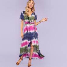 Shein Tie Waist Wrap Split Front Tie Dye Dress