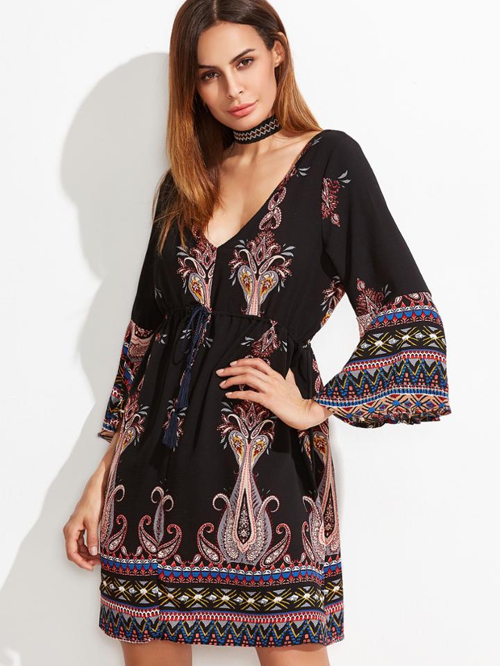 Shein Paisley Print Deep V Neck Open Back Fringe Dress
