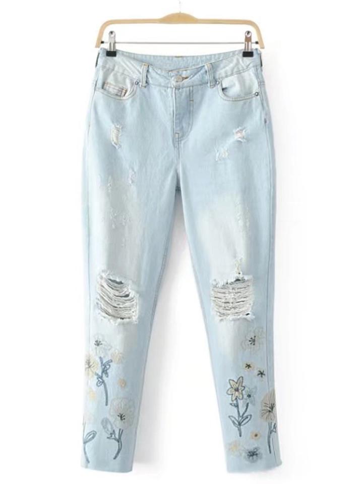 Shein Ripped Detail Embroidery Full Length Jeans