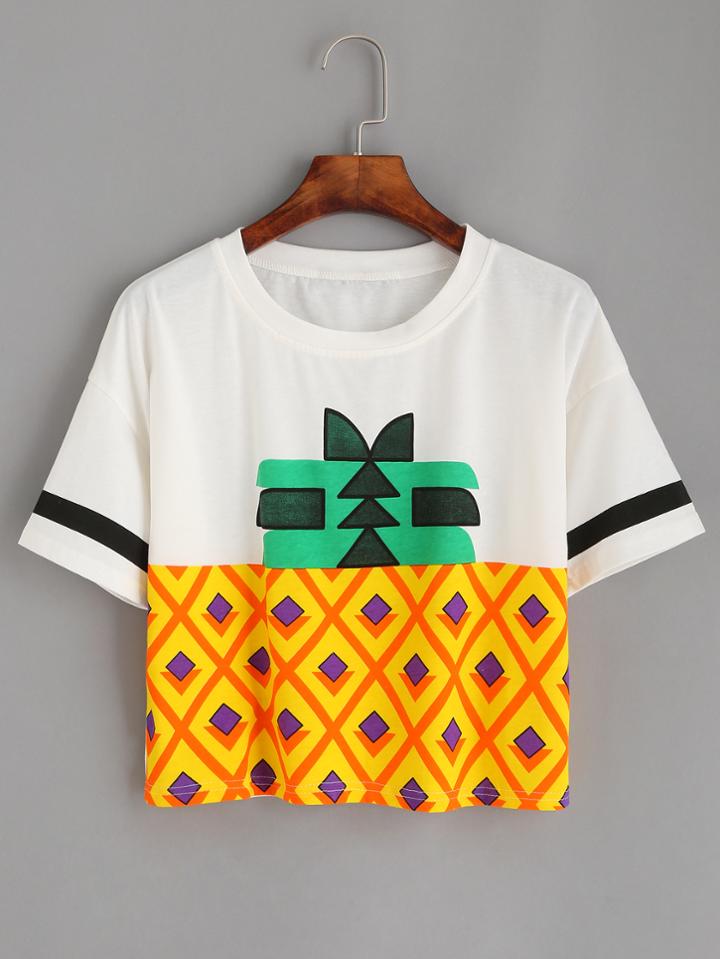 Shein White Striped Sleeve Pineapple Print Crop T-shirt