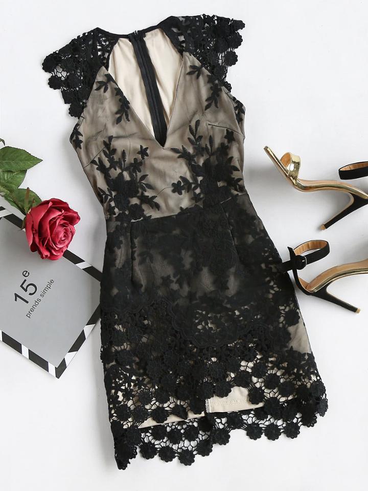 Shein Plunging V-neckline Crochet Trim Embroidered Mesh Overlay Dress
