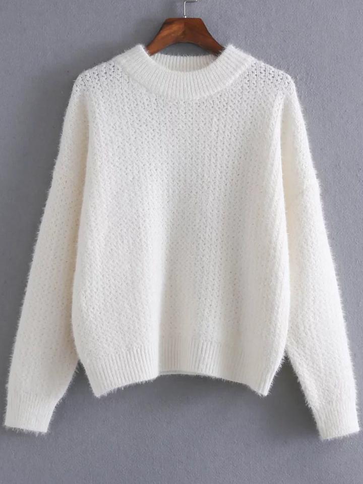 Shein White Ribbed Trim Crew Neck Sweater