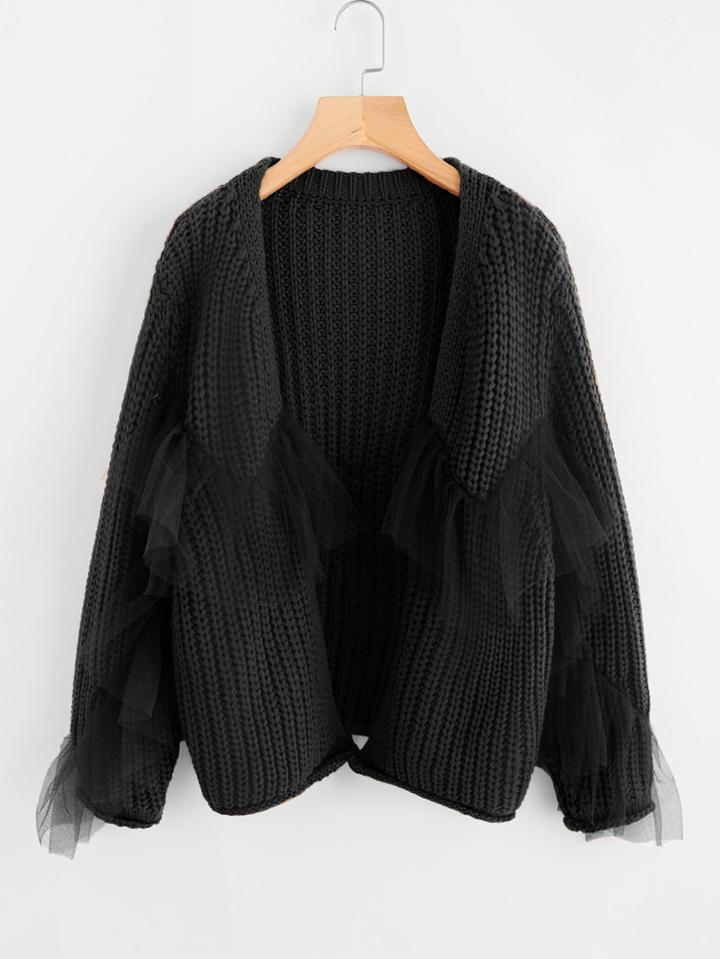 Shein Mesh Flounce Embellished Open Front Cardigan
