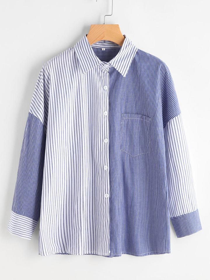 Shein Color Block Vertical Pinstripe Shirt With Chest Pocket