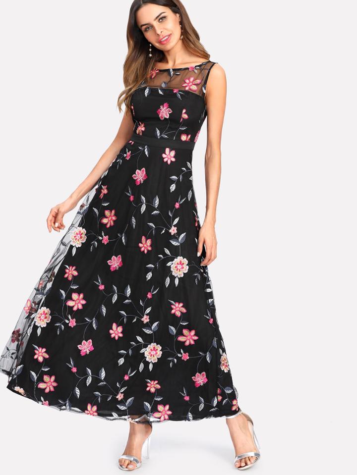 Shein Embroidery Mesh Overlay Flowy Dress