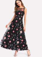 Shein Embroidery Mesh Overlay Flowy Dress