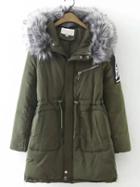 Shein Army Green Drawstring Waist Hooded Padded Coat With Faux Fur