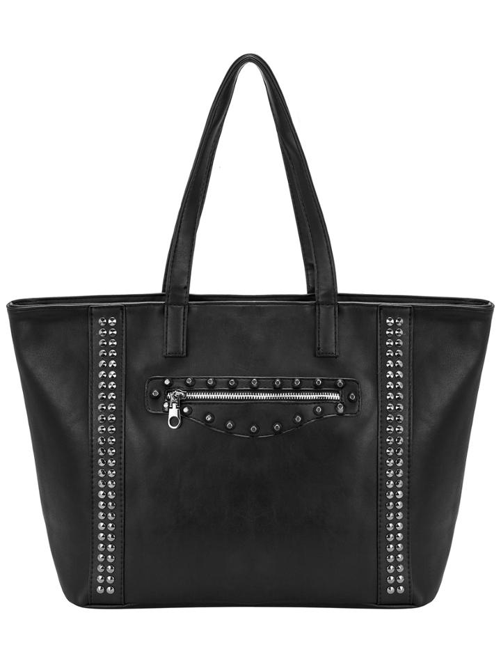 Shein Black Rivet Zipper Pu Tote Bag