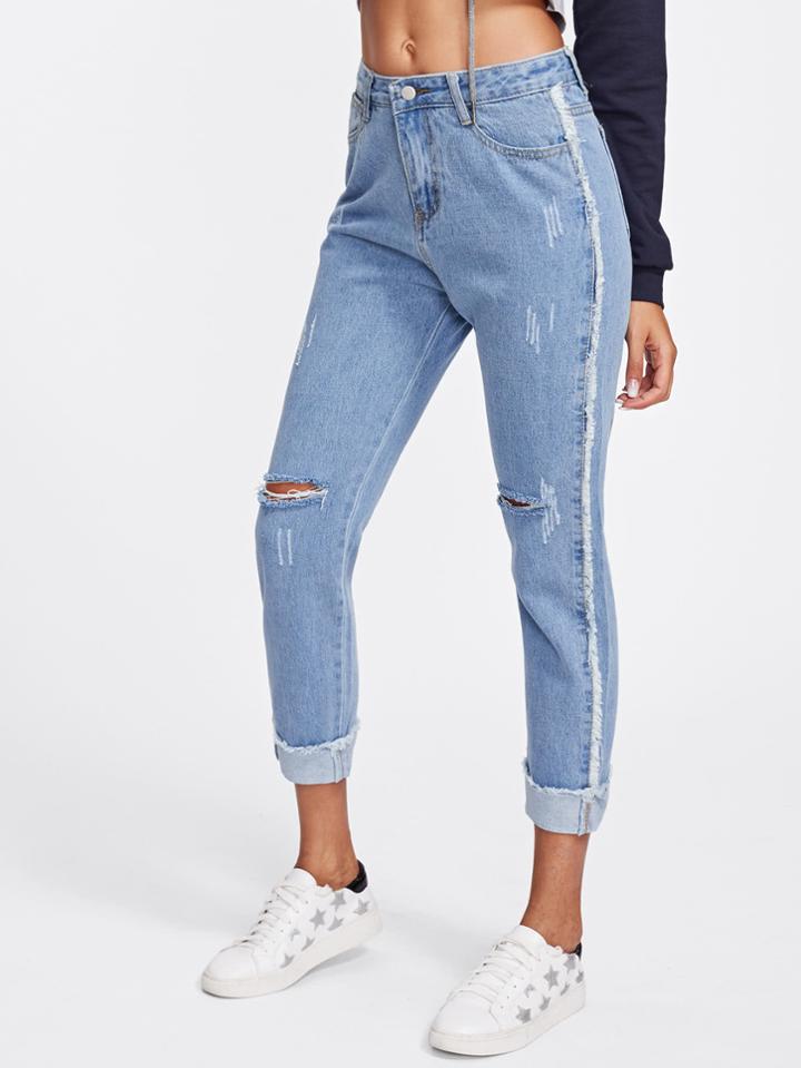 Shein Knee Rips Rolled Hem Jeans