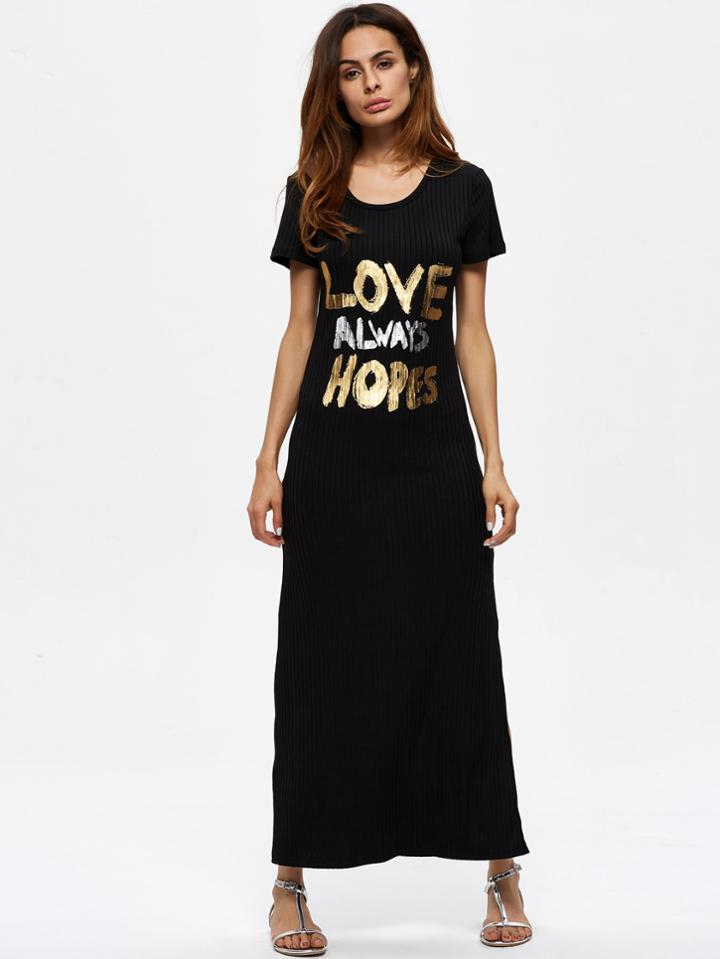 Shein Letter Print Slit Side Ribbed Dress