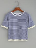 Shein Blue Striped Daisy Crochet Trim T-shirt