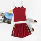 Shein Letter Print Cami Top & Striped Shorts Set